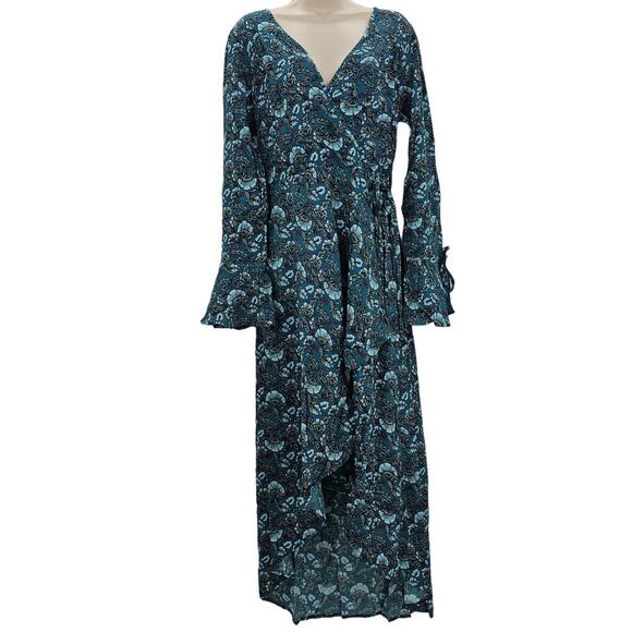 Band Of The Free Womans size M Jewel Teal Floral Faux Wrap Maxi Dress Boho NEW - Picture 1 of 8